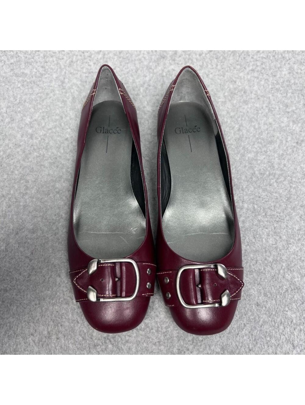Glacee Burgundy Leather Ballet Flats Square Toe Buckle Detail Professional 7.5 M